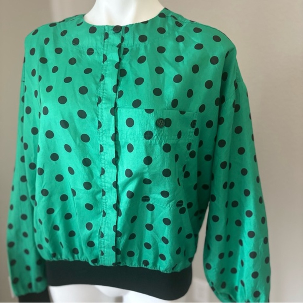 Vintage Field's Choice Marshall Field 80's Green Black Polka Dot Blouse Top